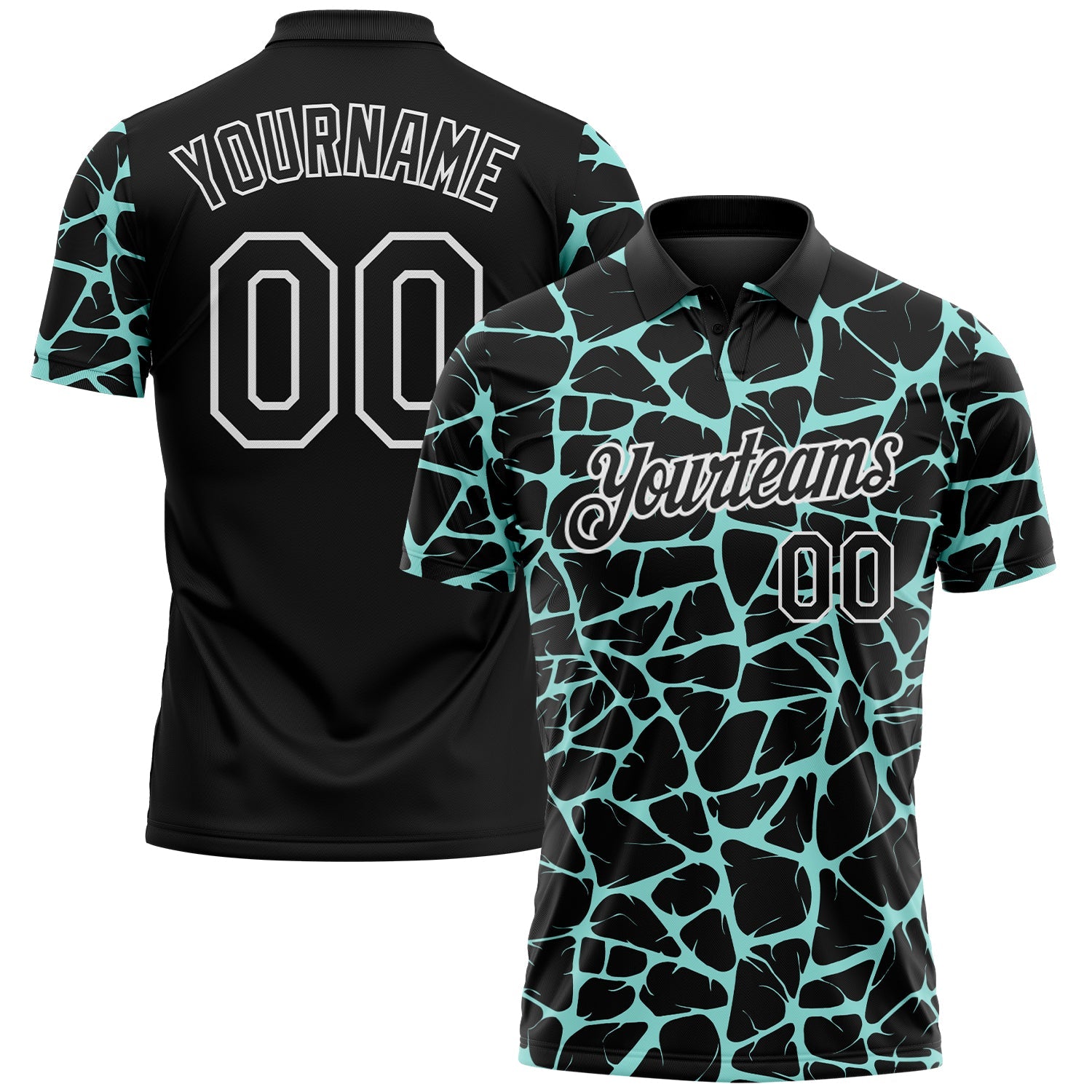 Custom Black Ice Blue-White 3D Pattern Abstract Network Crackle Performance Polo Shirt - Main View