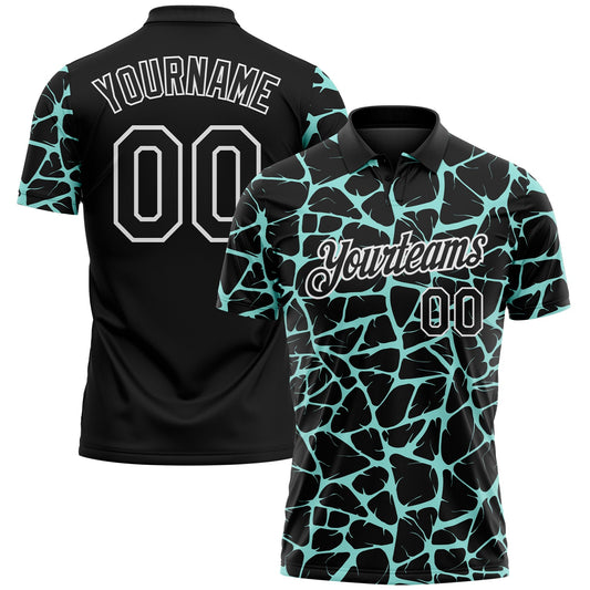 Custom Black Ice Blue-White 3D Pattern Abstract Network Crackle Performance Polo Shirt - Main View