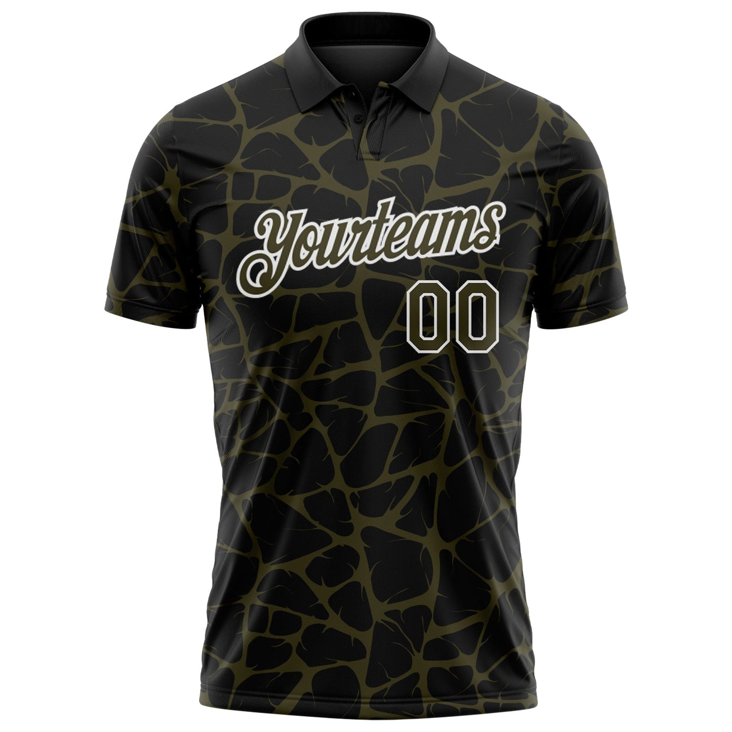 Custom Black Olive-White 3D Pattern Abstract Network Crackle Performance Polo Shirt view 2