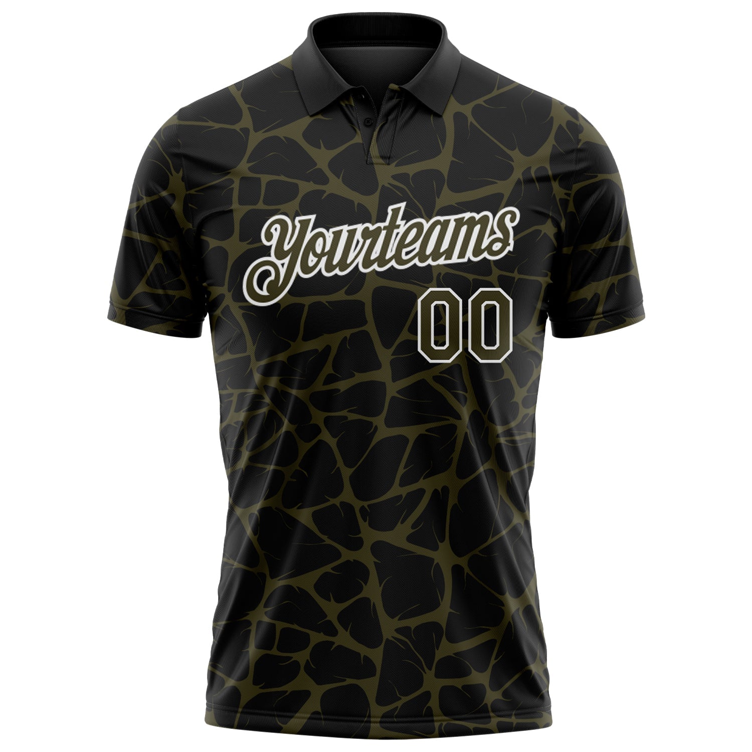 Custom Black Olive-White 3D Pattern Abstract Network Crackle Performance Polo Shirt view 2