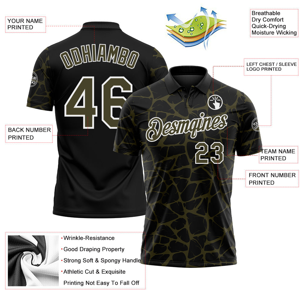 Custom Black Olive-White 3D Pattern Abstract Network Crackle Performance Polo Shirt view 3