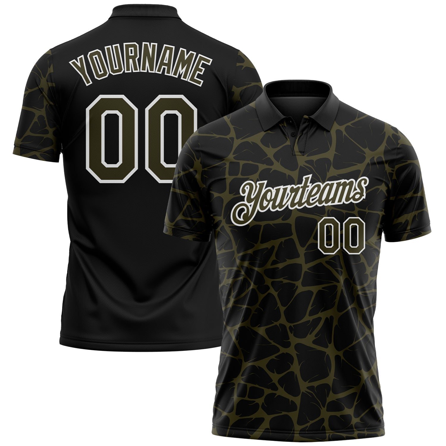Custom Black Olive-White 3D Pattern Abstract Network Crackle Performance Polo Shirt - Main View
