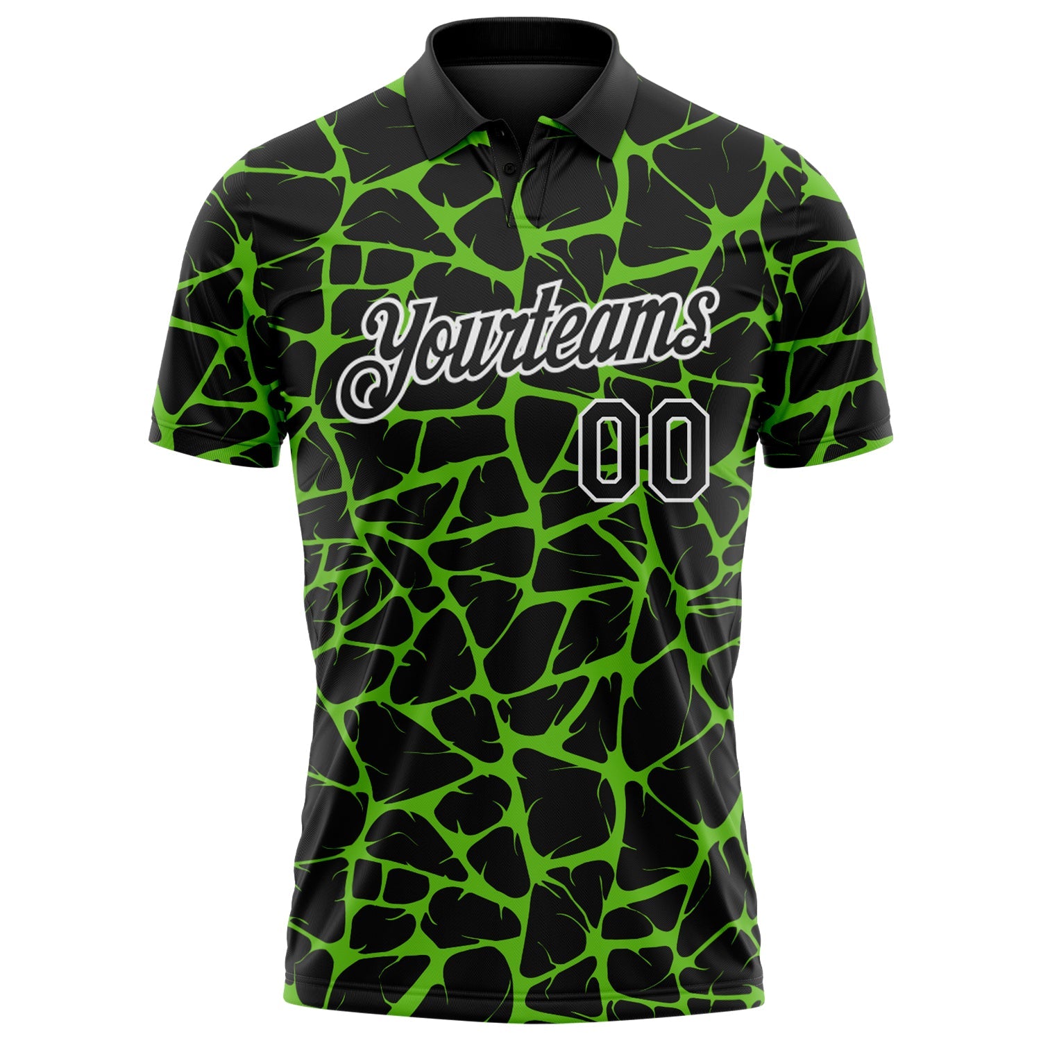 Custom Black Aurora Green-White 3D Pattern Abstract Network Crackle Performance Polo Shirt view 2