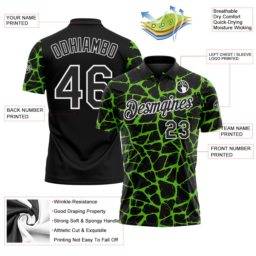 Custom Black Aurora Green-White 3D Pattern Abstract Network Crackle Performance Polo Shirt view 3