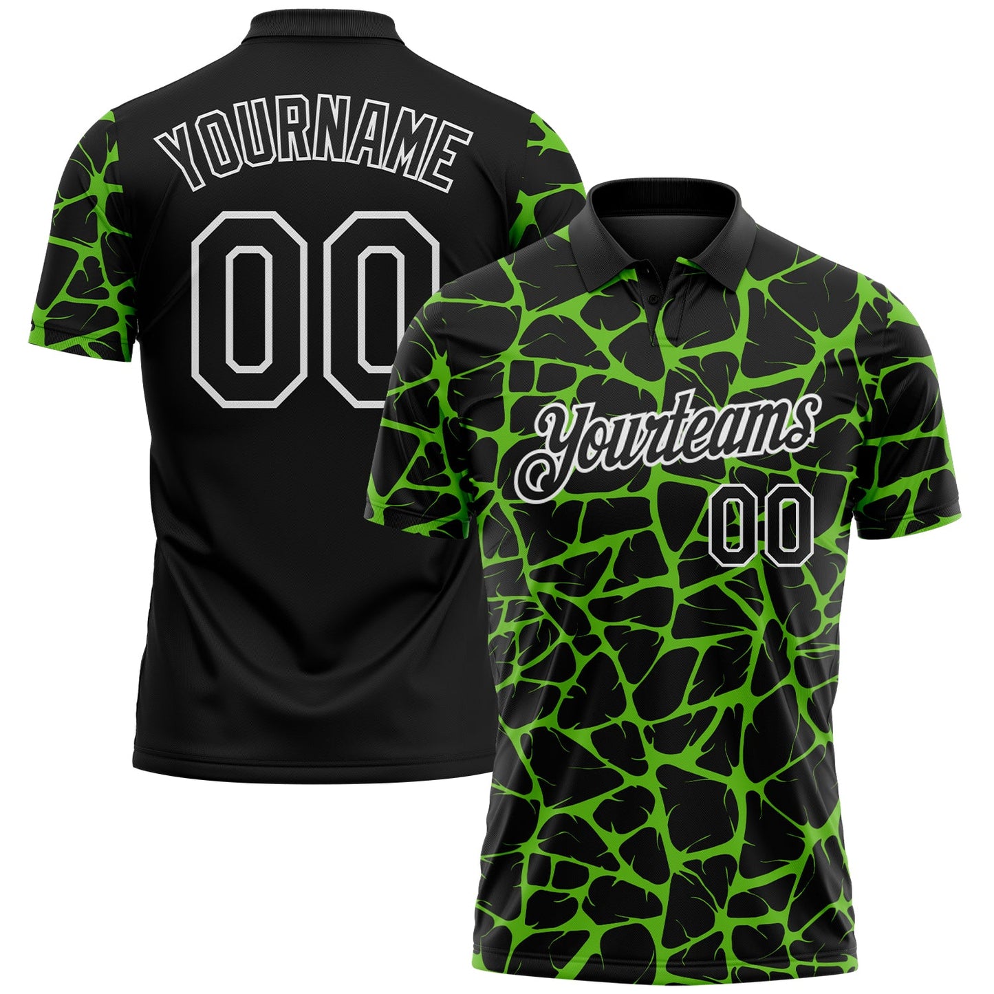 Custom Black Aurora Green-White 3D Pattern Abstract Network Crackle Performance Polo Shirt - Main View