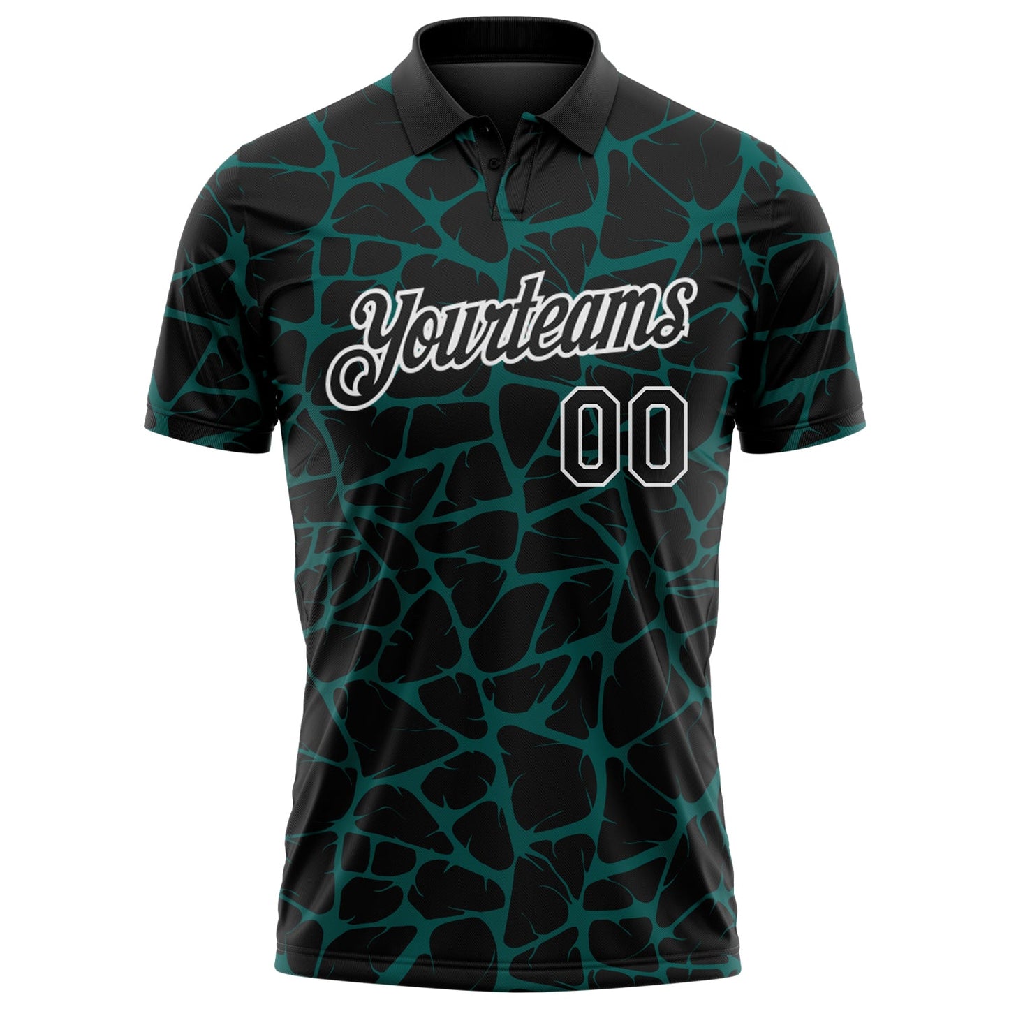 Custom Black Midnight Green-White 3D Pattern Abstract Network Crackle Performance Polo Shirt view 2