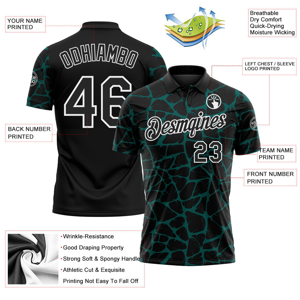 Custom Black Midnight Green-White 3D Pattern Abstract Network Crackle Performance Polo Shirt view 3
