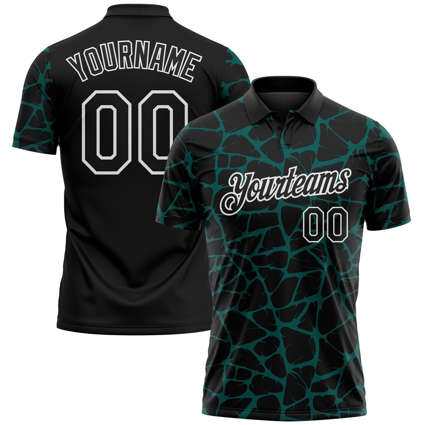 Custom Black Midnight Green-White 3D Pattern Abstract Network Crackle Performance Polo Shirt - Main View