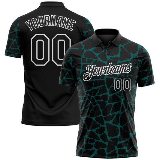 Custom Black Midnight Green-White 3D Pattern Abstract Network Crackle Performance Polo Shirt - Main View