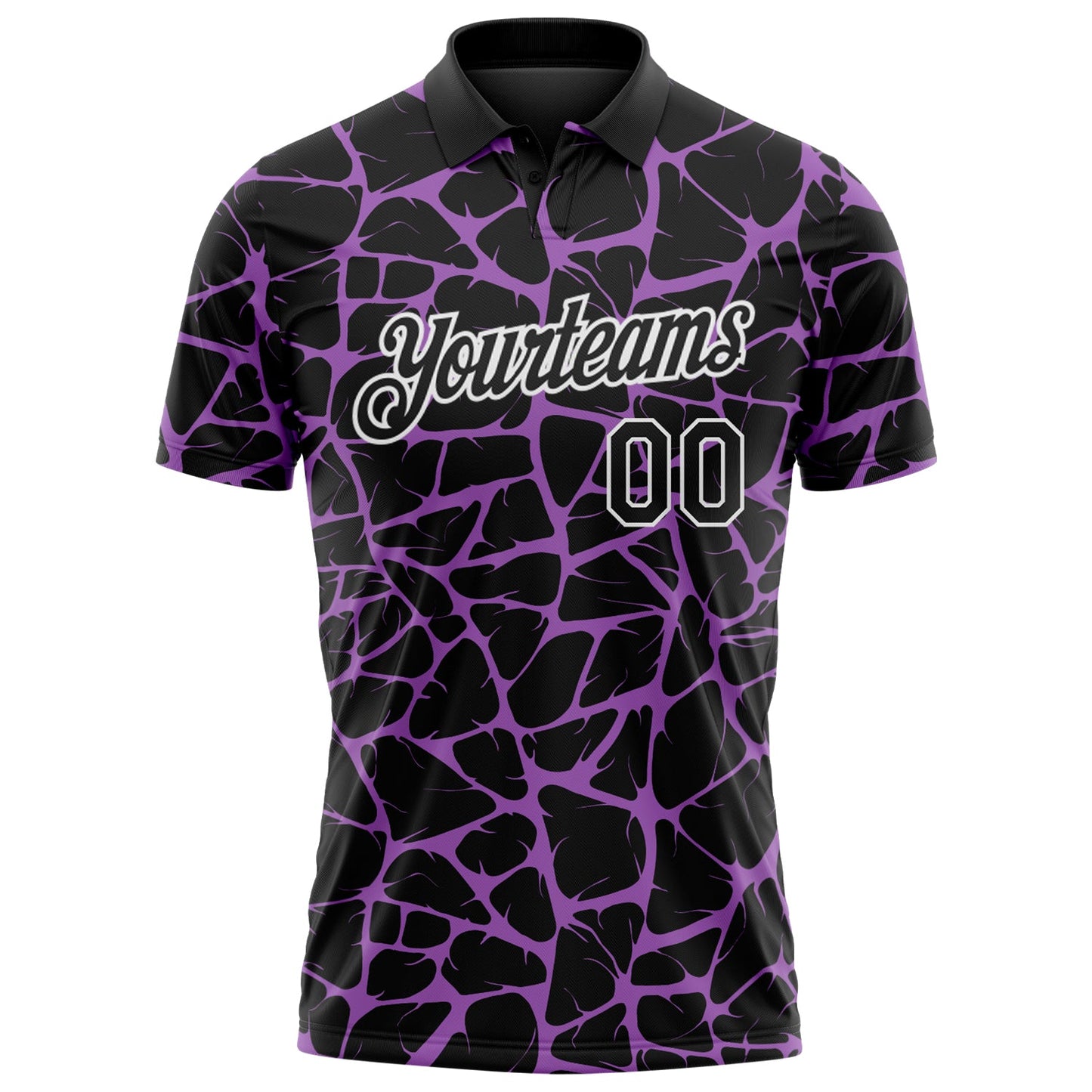 Custom Black Medium Purple-White 3D Pattern Abstract Network Crackle Performance Polo Shirt view 2