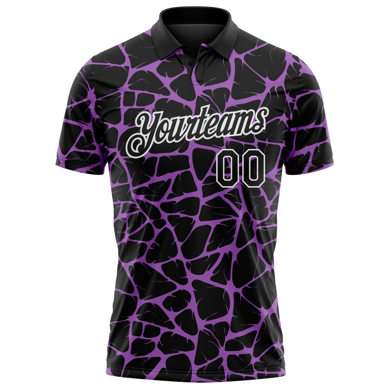 Custom Black Medium Purple-White 3D Pattern Abstract Network Crackle Performance Polo Shirt view 2