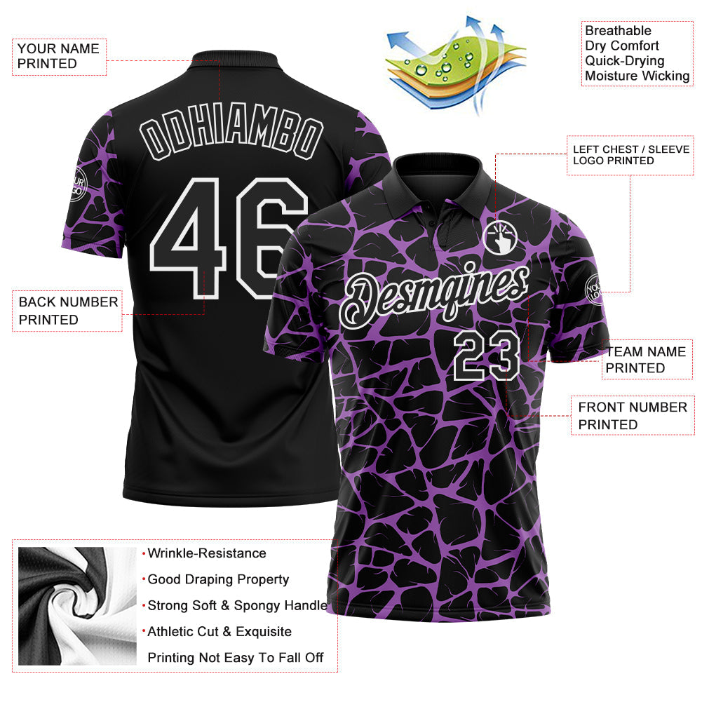 Custom Black Medium Purple-White 3D Pattern Abstract Network Crackle Performance Polo Shirt view 3
