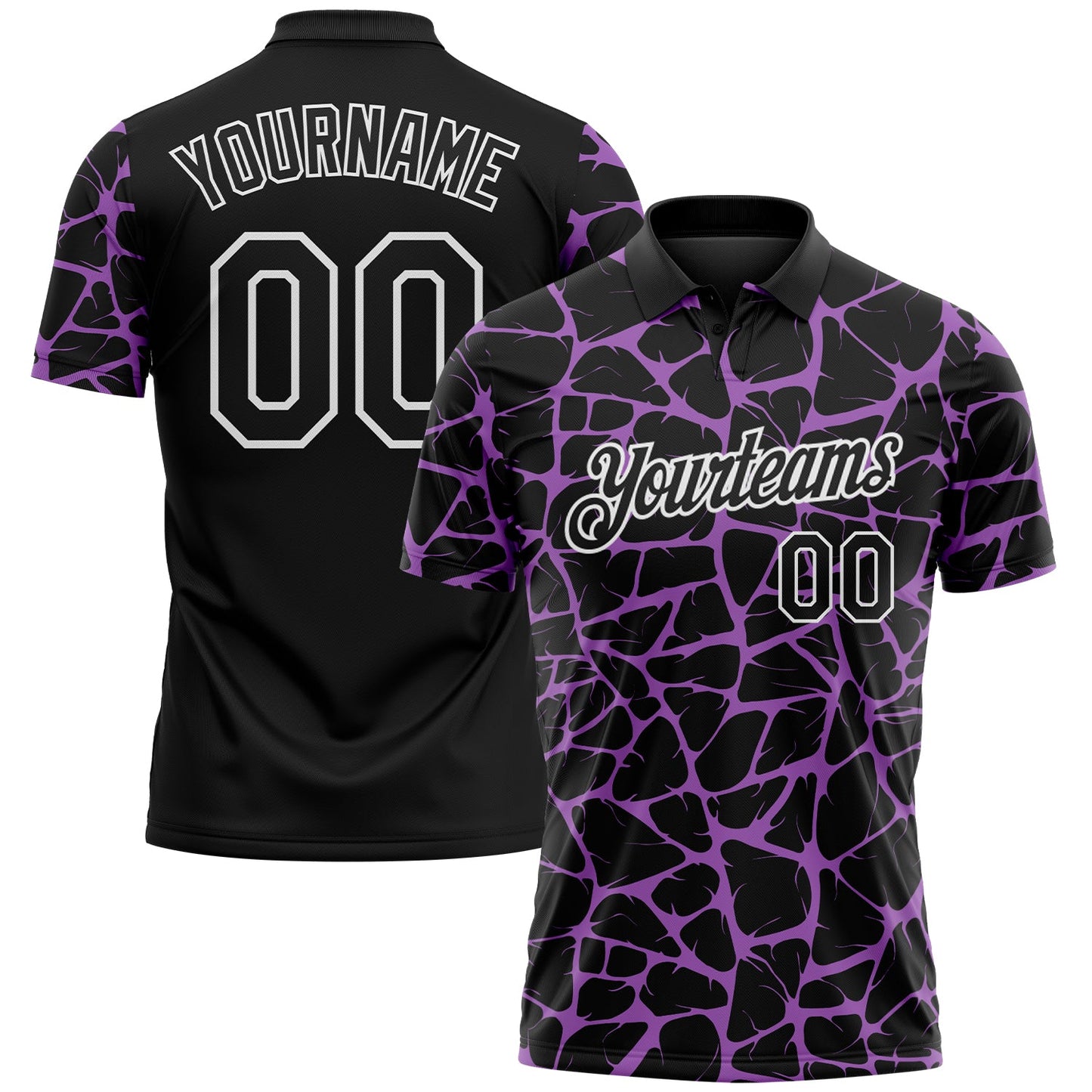 Custom Black Medium Purple-White 3D Pattern Abstract Network Crackle Performance Polo Shirt - Main View