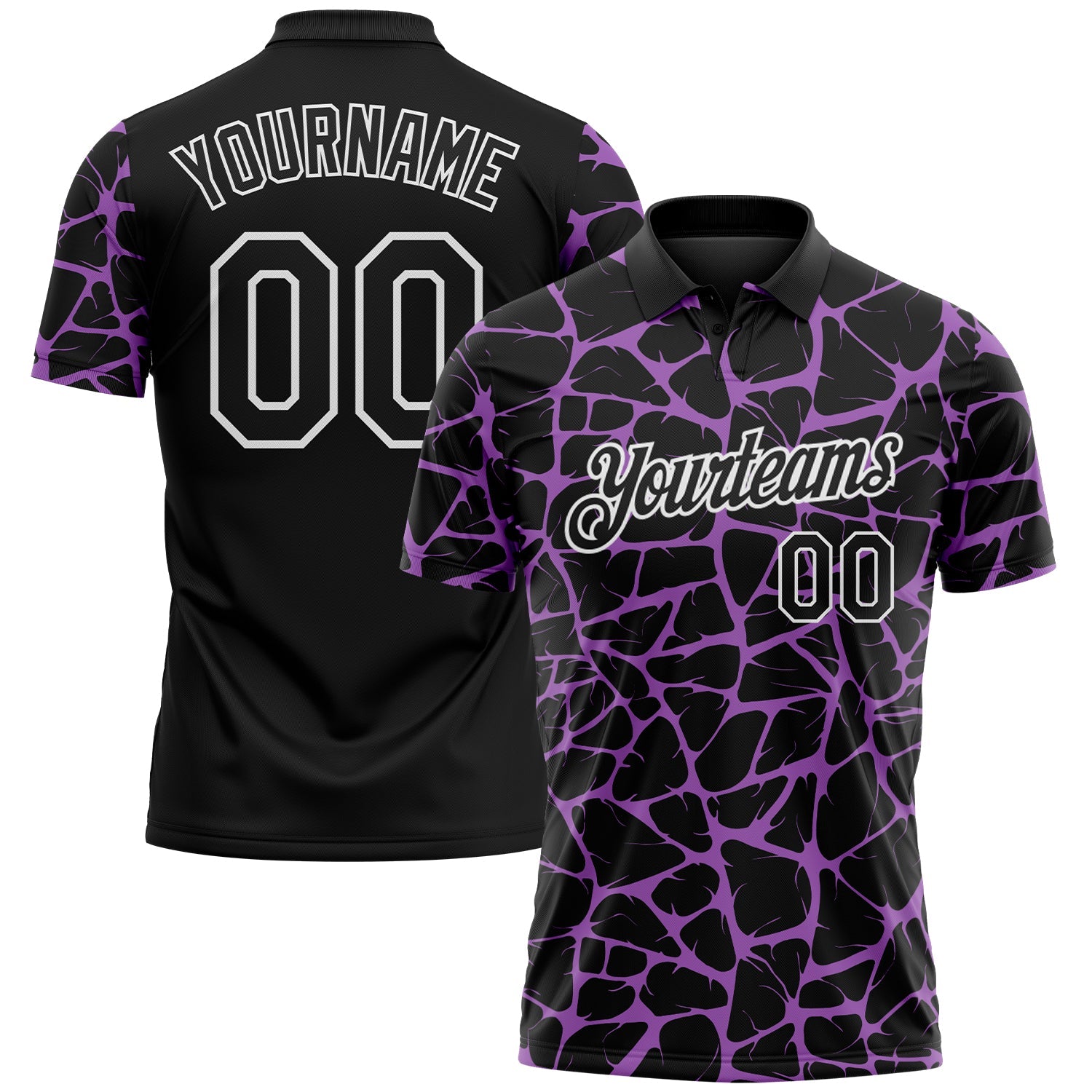 Custom Black Medium Purple-White 3D Pattern Abstract Network Crackle Performance Polo Shirt - Main View