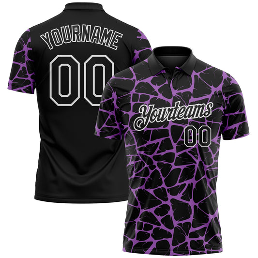 Custom Black Medium Purple-White 3D Pattern Abstract Network Crackle Performance Polo Shirt - Main View