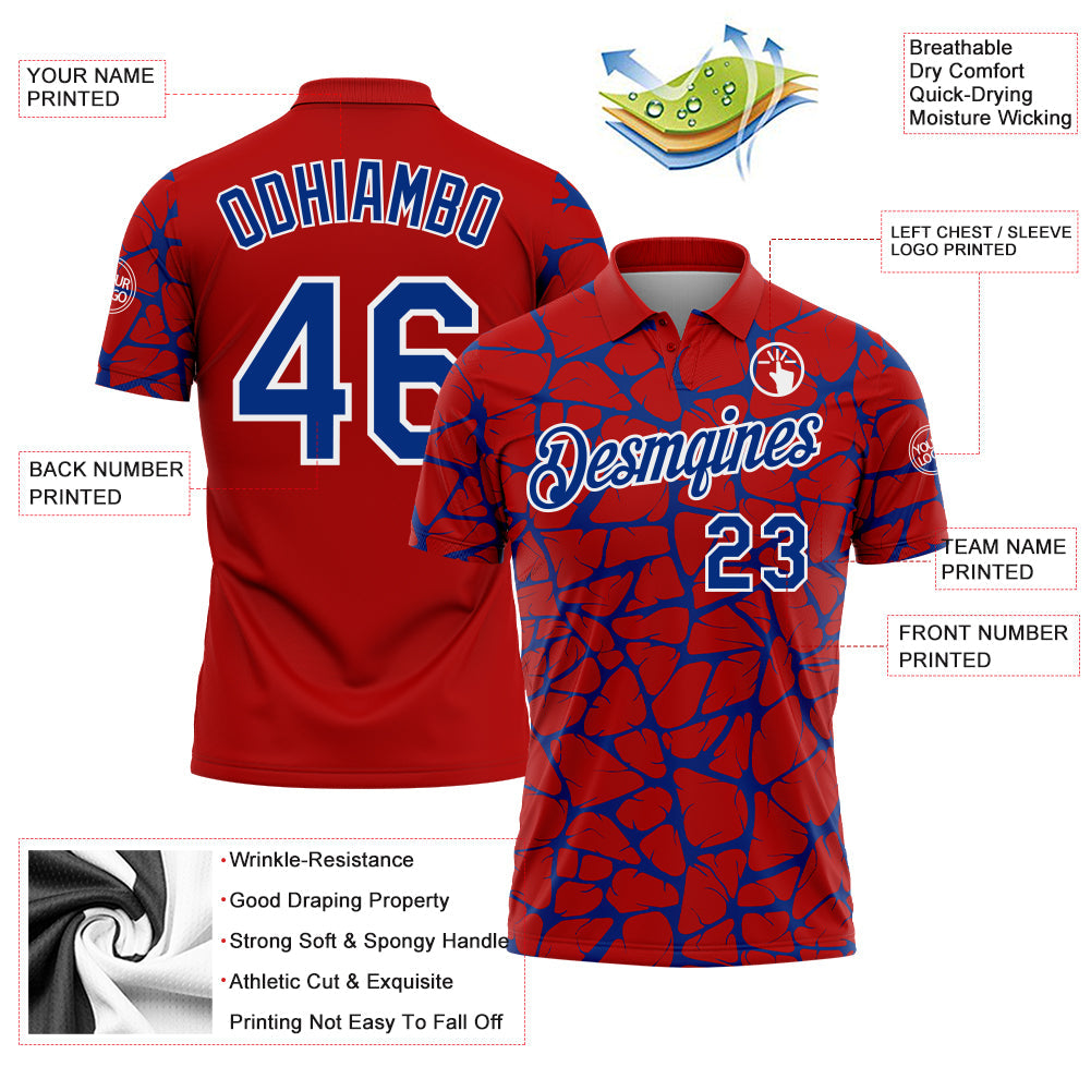 Custom Red Royal-White 3D Pattern Abstract Network Crackle Performance Polo Shirt view 3