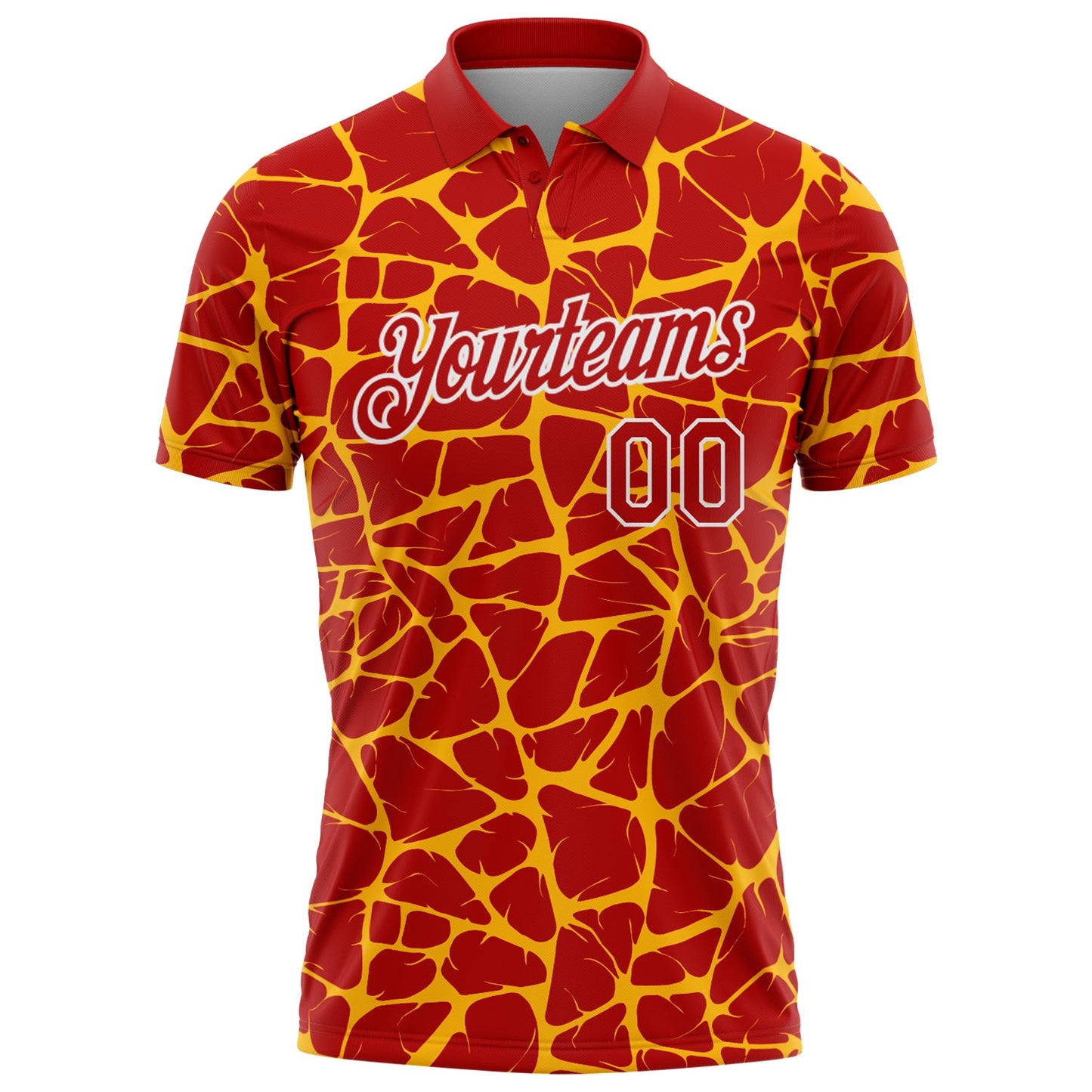 Custom Red Gold-White 3D Pattern Abstract Network Crackle Performance Polo Shirt view 2