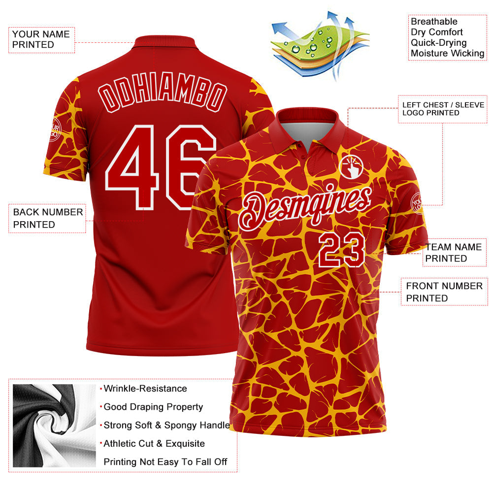 Custom Red Gold-White 3D Pattern Abstract Network Crackle Performance Polo Shirt view 3