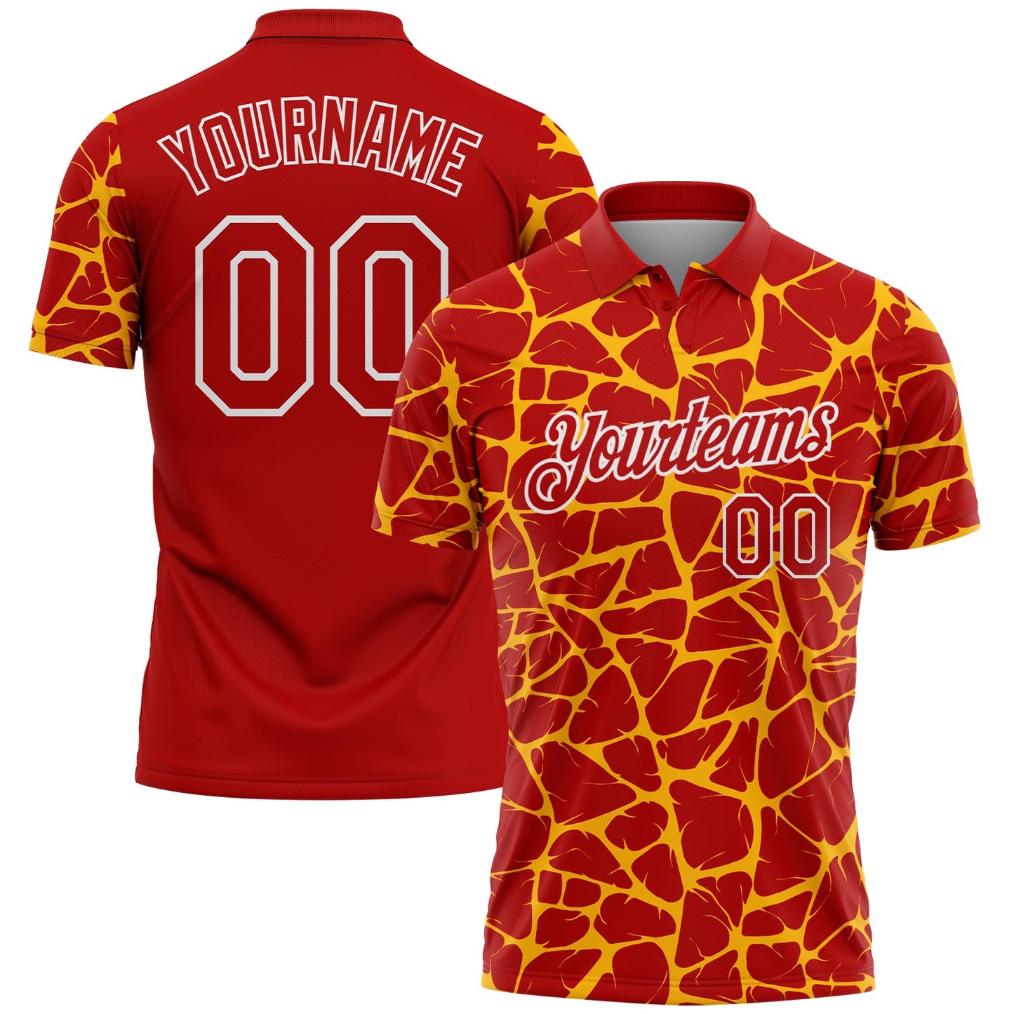 Custom Red Gold-White 3D Pattern Abstract Network Crackle Performance Polo Shirt - Main View