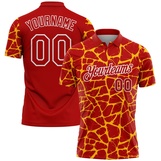 Custom Red Gold-White 3D Pattern Abstract Network Crackle Performance Polo Shirt - Main View