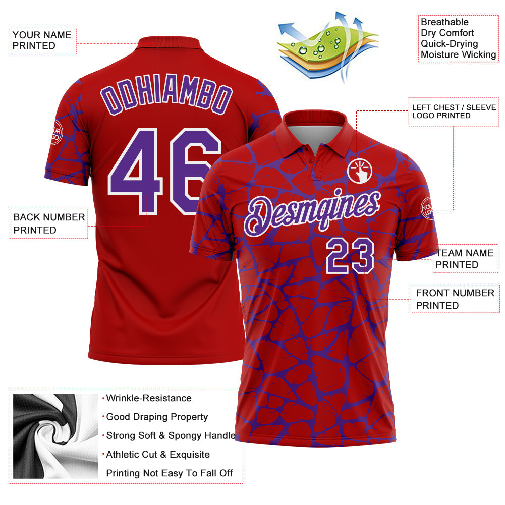 Custom Red Purple-White 3D Pattern Abstract Network Crackle Performance Polo Shirt view 3