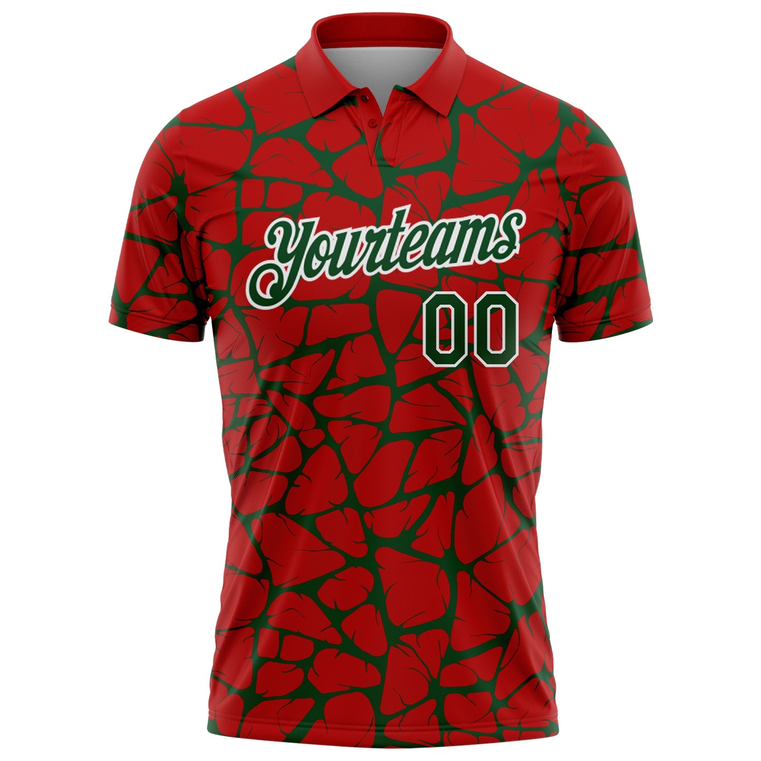 Custom Red Green-White 3D Pattern Abstract Network Crackle Performance Polo Shirt view 2