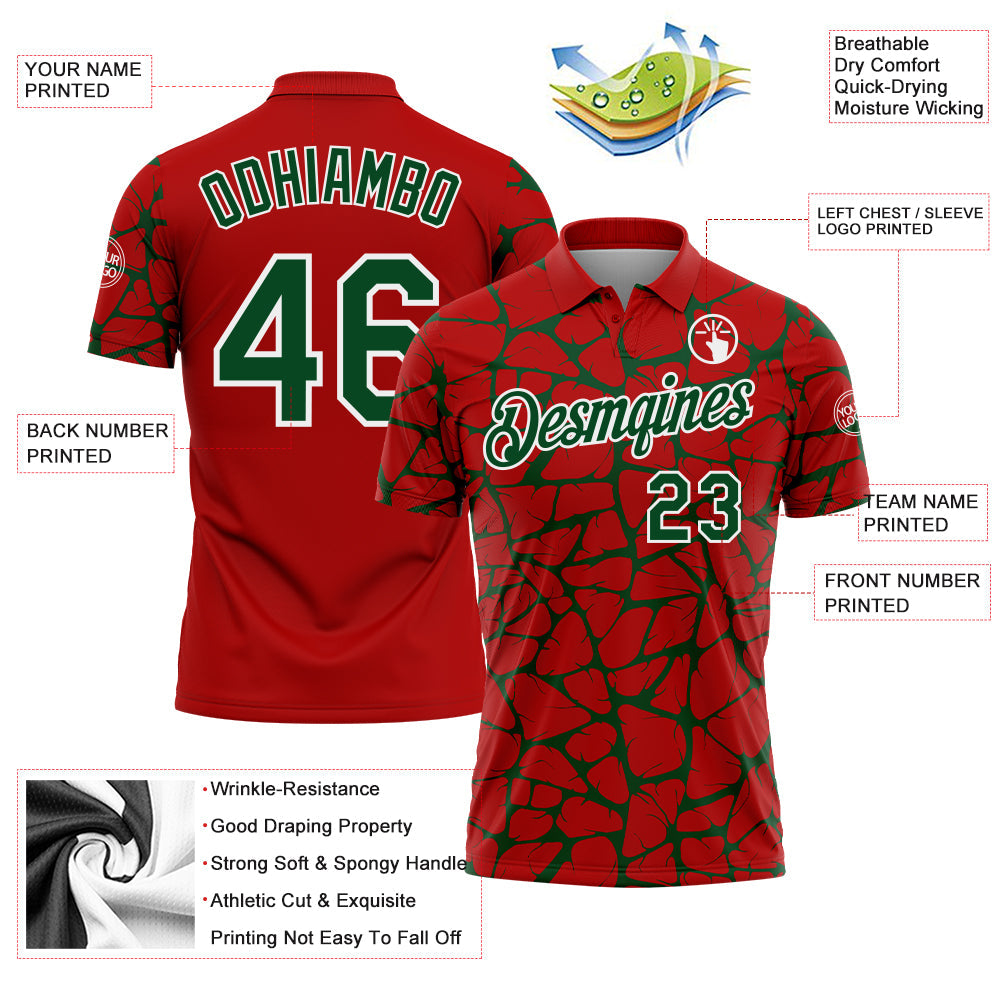Custom Red Green-White 3D Pattern Abstract Network Crackle Performance Polo Shirt view 3