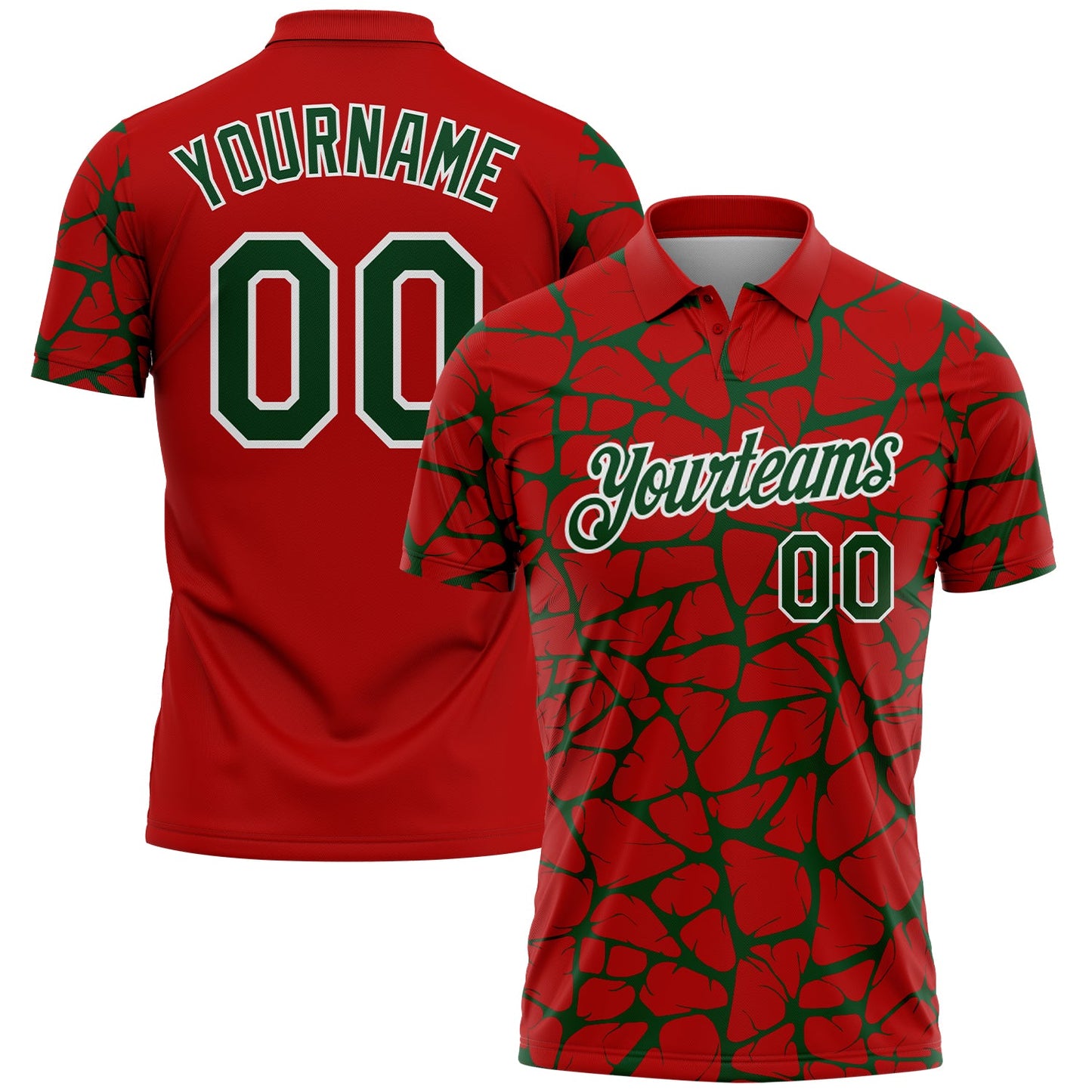 Custom Red Green-White 3D Pattern Abstract Network Crackle Performance Polo Shirt - Main View
