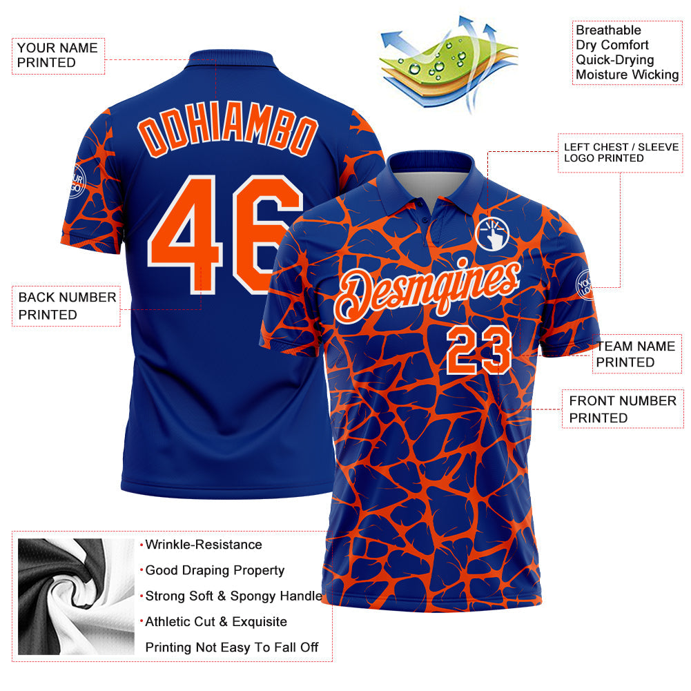 Custom Royal Orange-White 3D Pattern Abstract Network Crackle Performance Polo Shirt view 3
