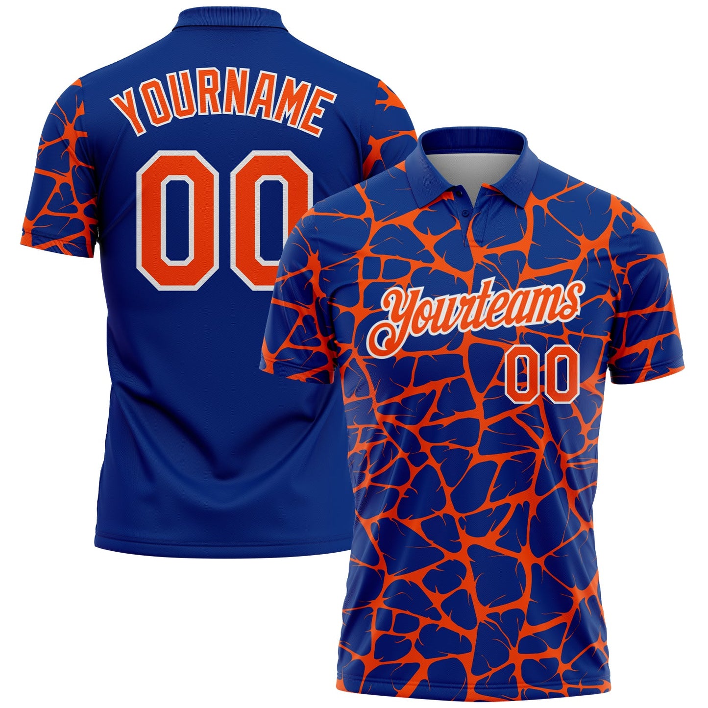 Custom Royal Orange-White 3D Pattern Abstract Network Crackle Performance Polo Shirt - Main View