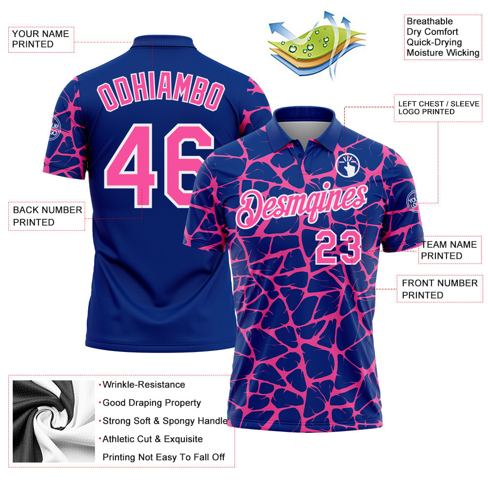 Custom Royal Pink-White 3D Pattern Abstract Network Crackle Performance Polo Shirt view 3