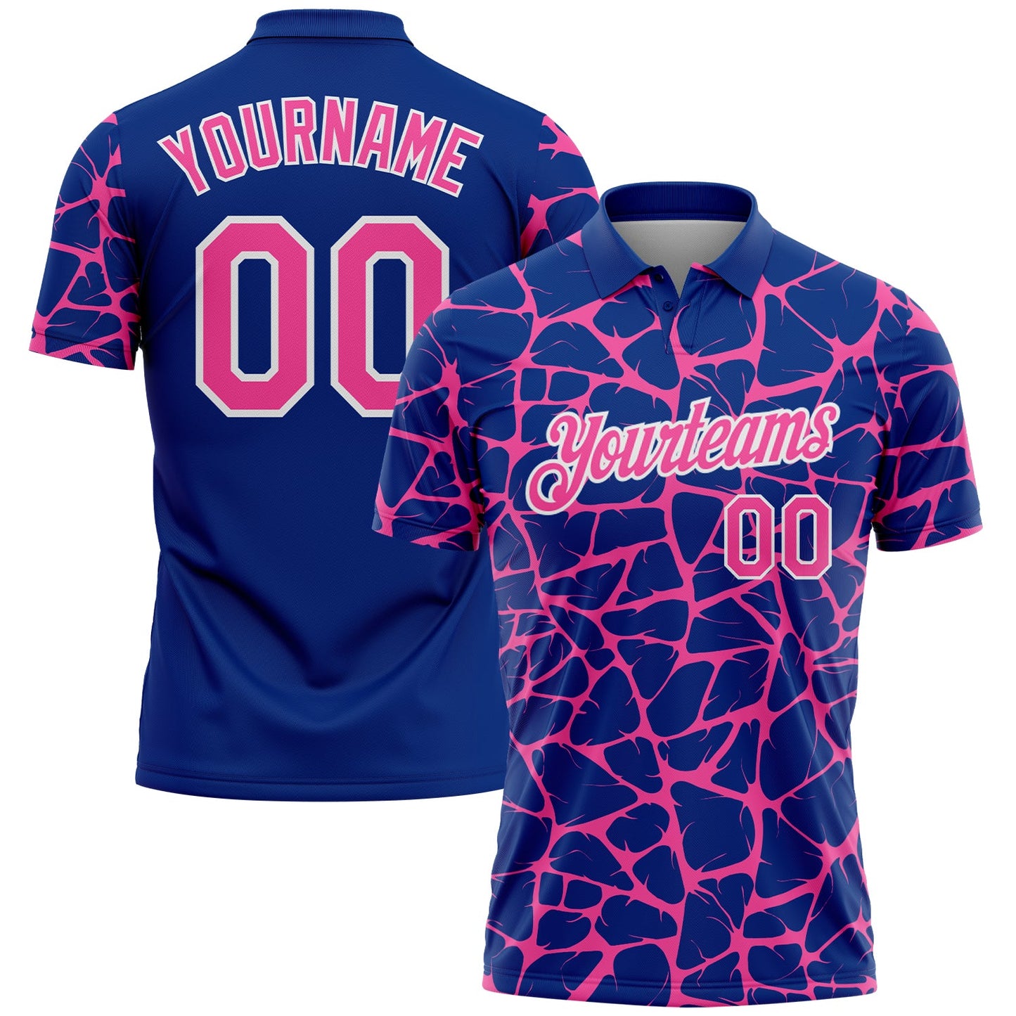 Custom Royal Pink-White 3D Pattern Abstract Network Crackle Performance Polo Shirt - Main View