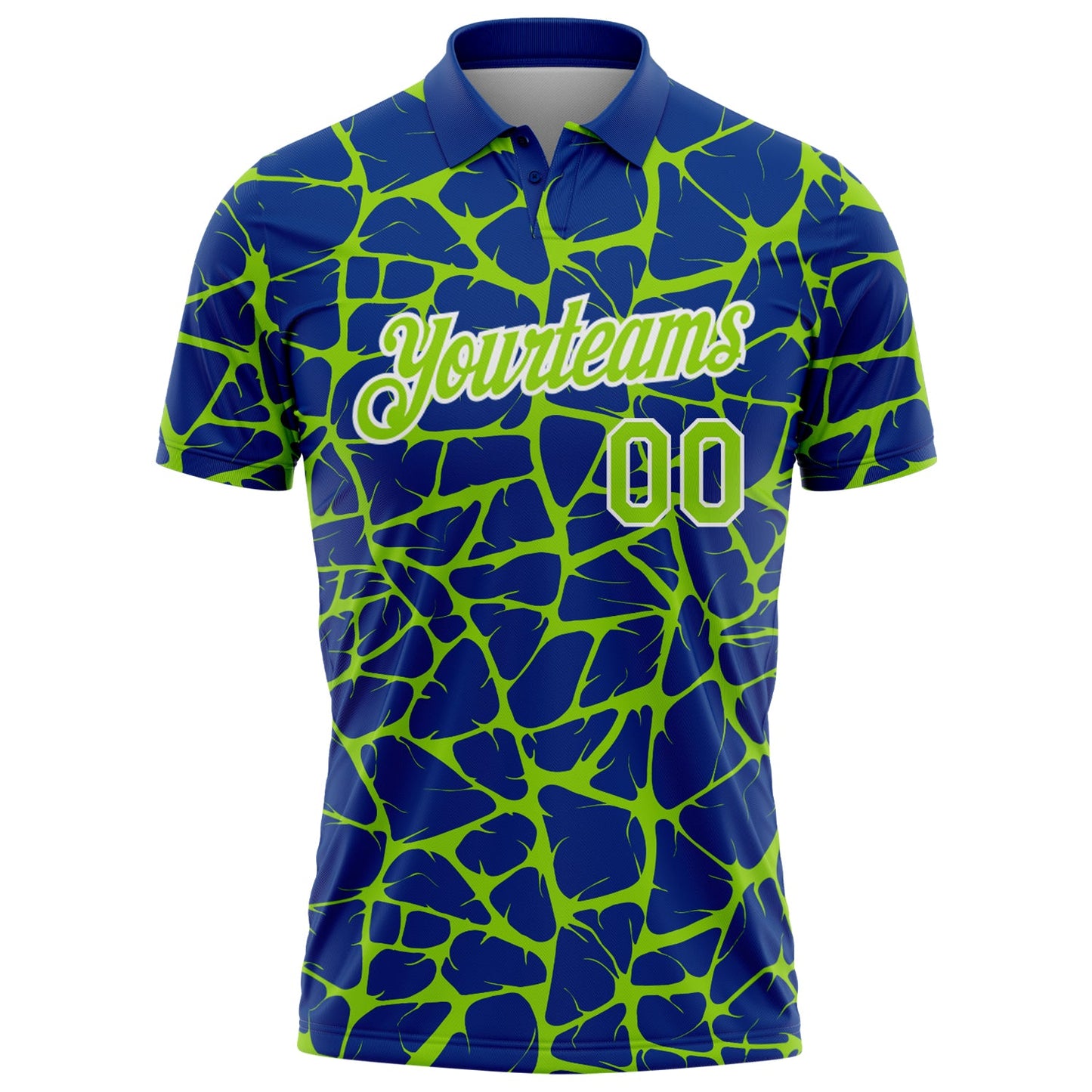 Custom Royal Neon Green-White 3D Pattern Abstract Network Crackle Performance Polo Shirt view 2