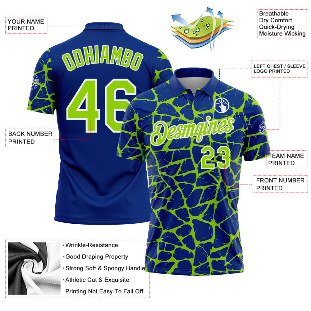 Custom Royal Neon Green-White 3D Pattern Abstract Network Crackle Performance Polo Shirt view 3