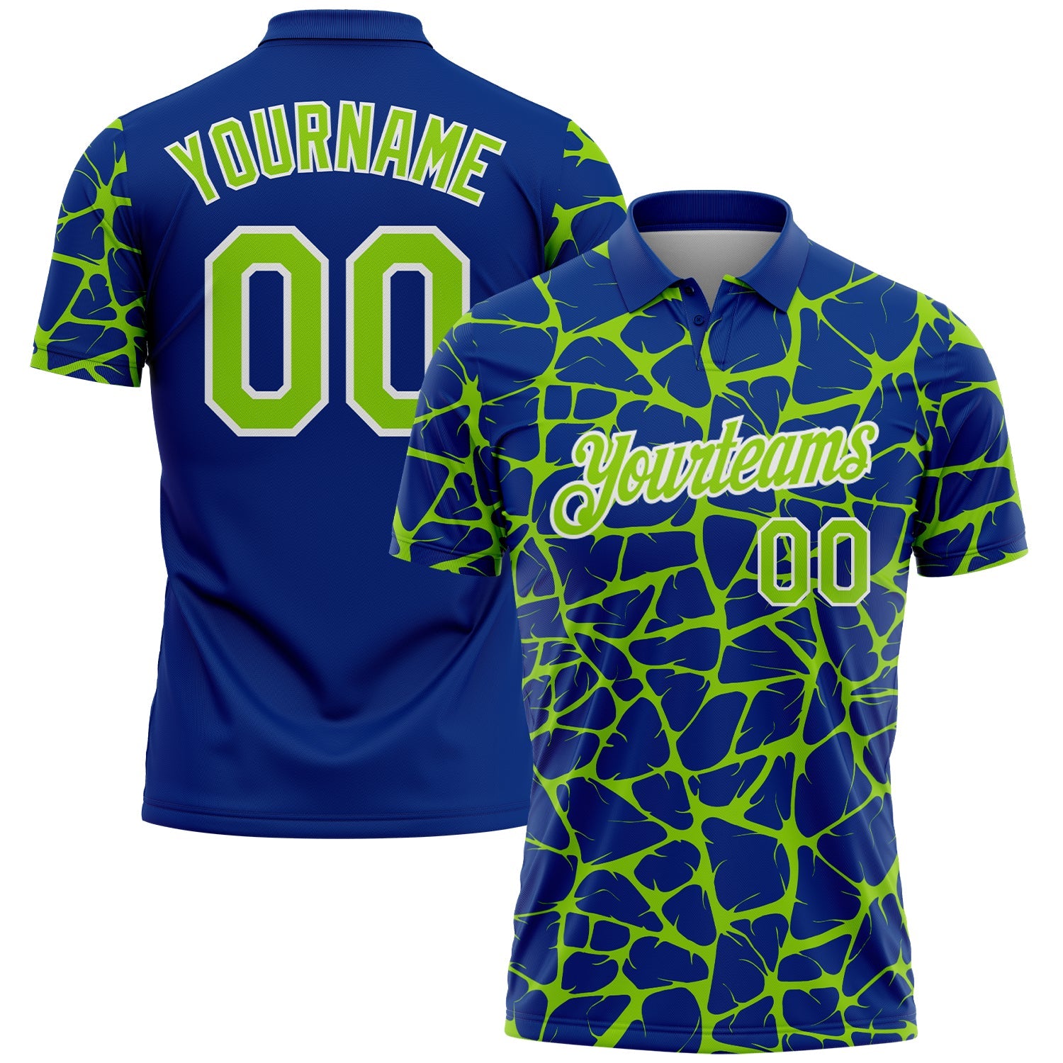 Custom Royal Neon Green-White 3D Pattern Abstract Network Crackle Performance Polo Shirt - Main View