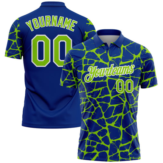 Custom Royal Neon Green-White 3D Pattern Abstract Network Crackle Performance Polo Shirt - Main View