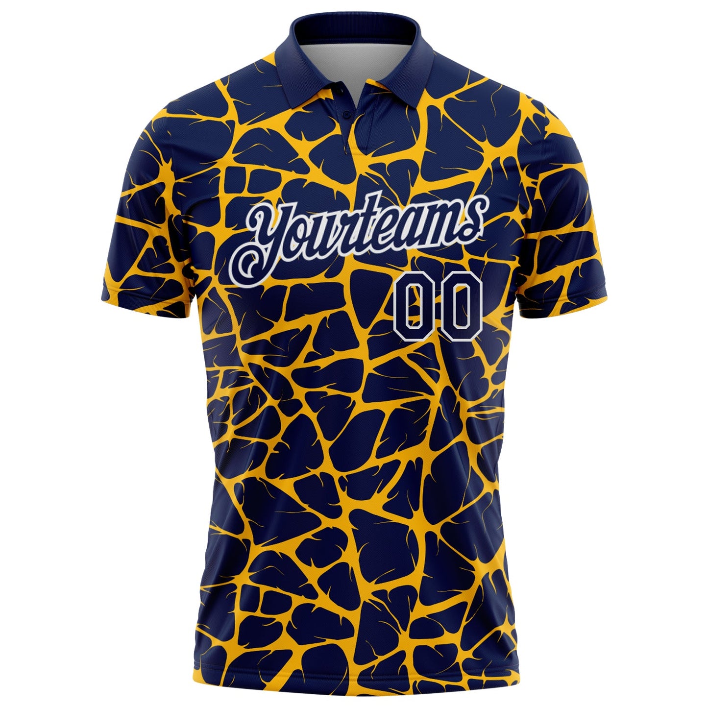Custom Navy Gold-White 3D Pattern Abstract Network Crackle Performance Polo Shirt view 2
