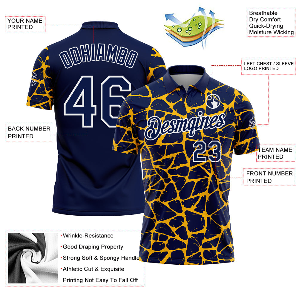 Custom Navy Gold-White 3D Pattern Abstract Network Crackle Performance Polo Shirt view 3