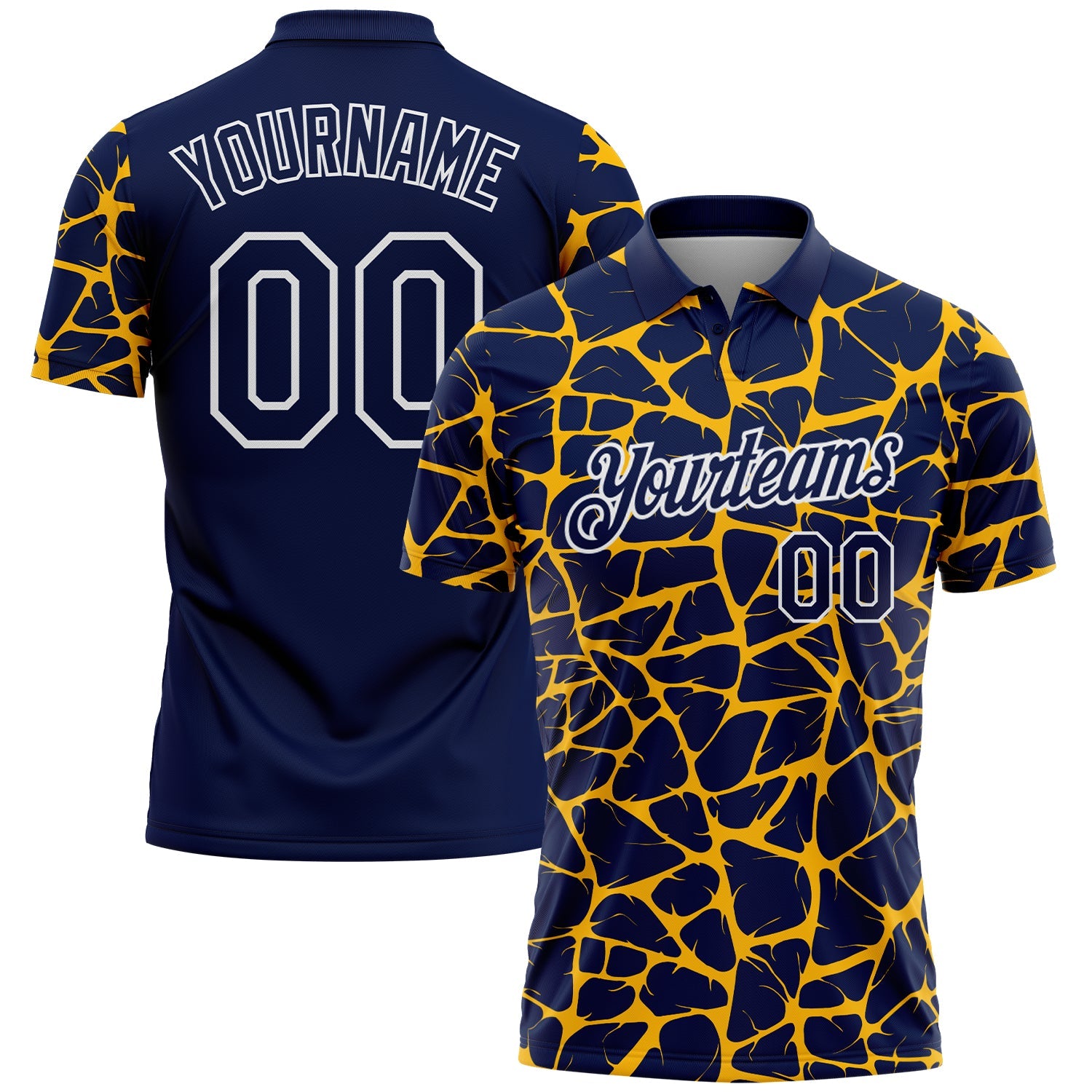 Custom Navy Gold-White 3D Pattern Abstract Network Crackle Performance Polo Shirt - Main View