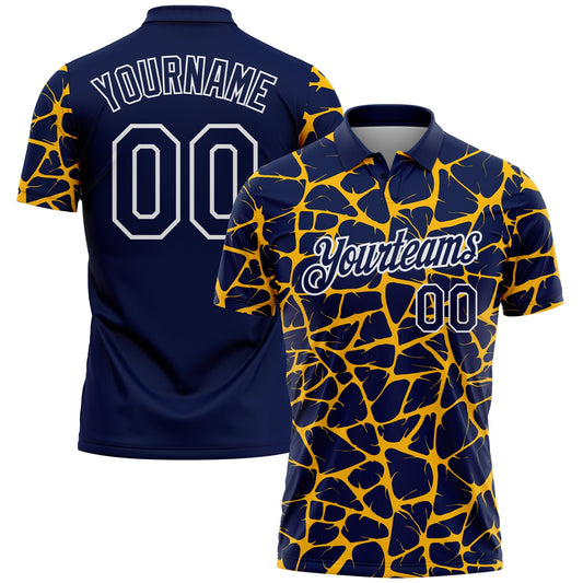 Custom Navy Gold-White 3D Pattern Abstract Network Crackle Performance Polo Shirt - Main View