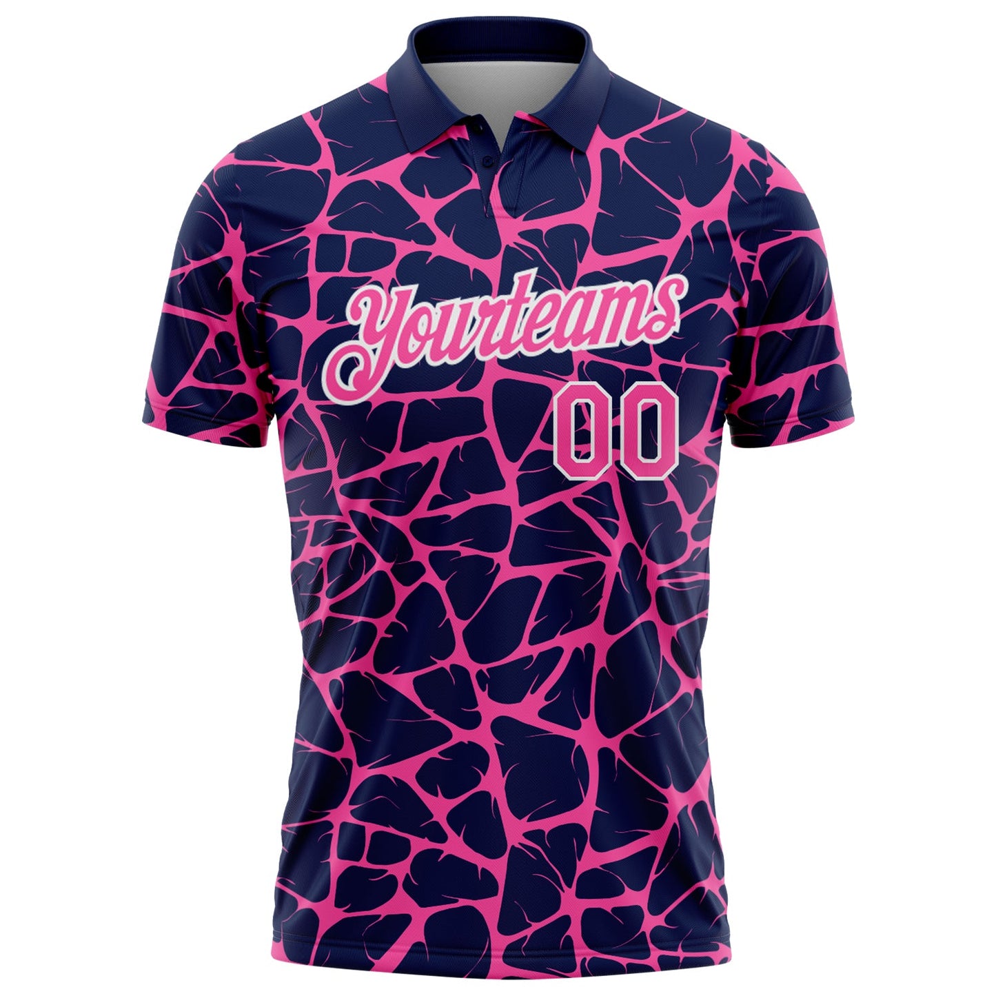 Custom Navy Pink-White 3D Pattern Abstract Network Crackle Performance Polo Shirt view 2
