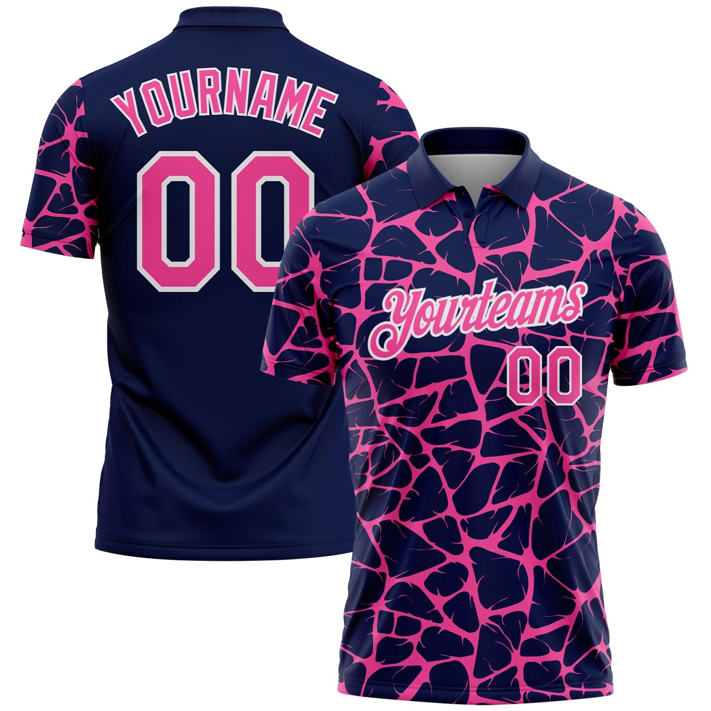 Custom Navy Pink-White 3D Pattern Abstract Network Crackle Performance Polo Shirt - Main View