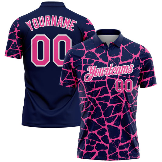 Custom Navy Pink-White 3D Pattern Abstract Network Crackle Performance Polo Shirt - Main View