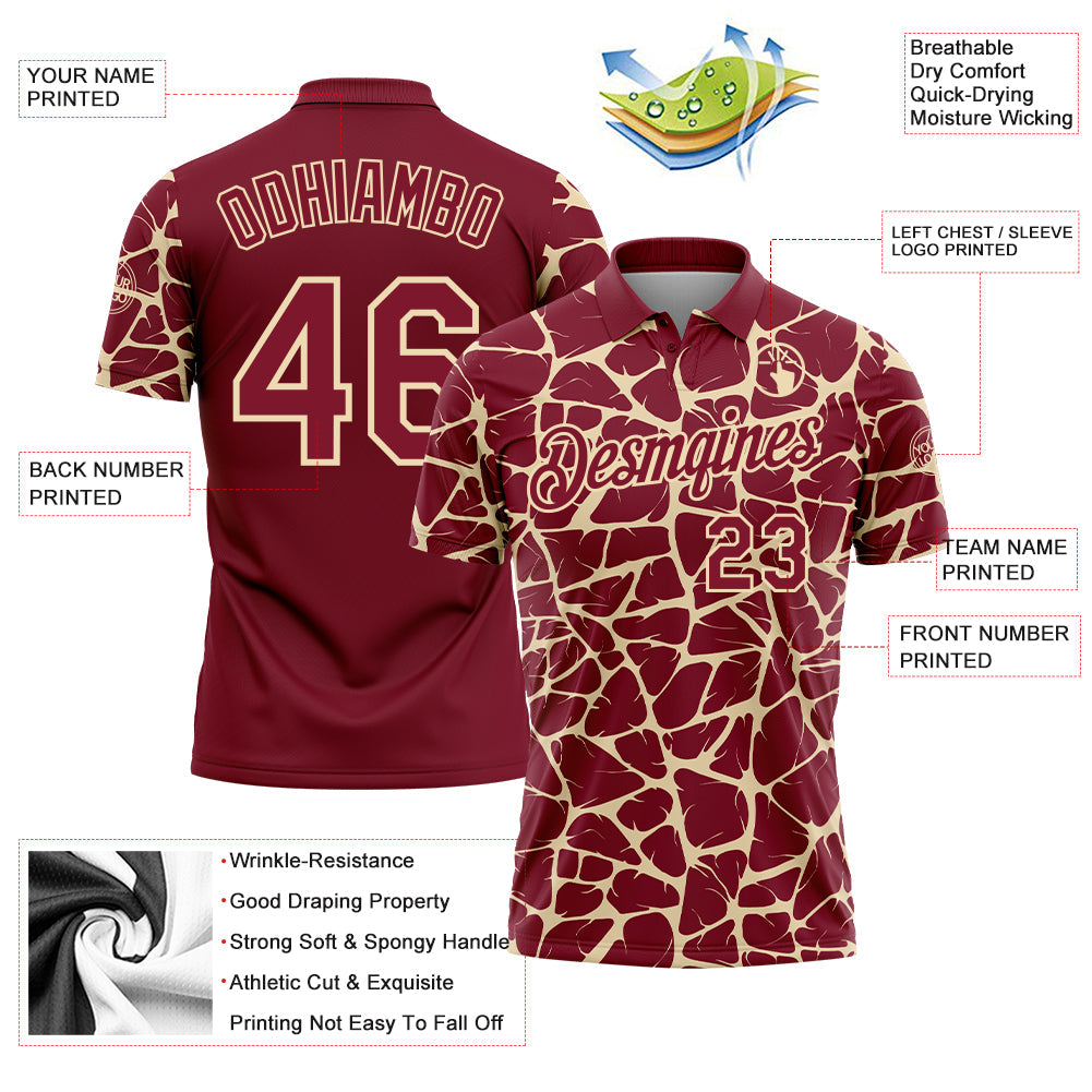 Custom Crimson-Cream 3D Pattern Abstract Network Crackle Performance Polo Shirt view 3