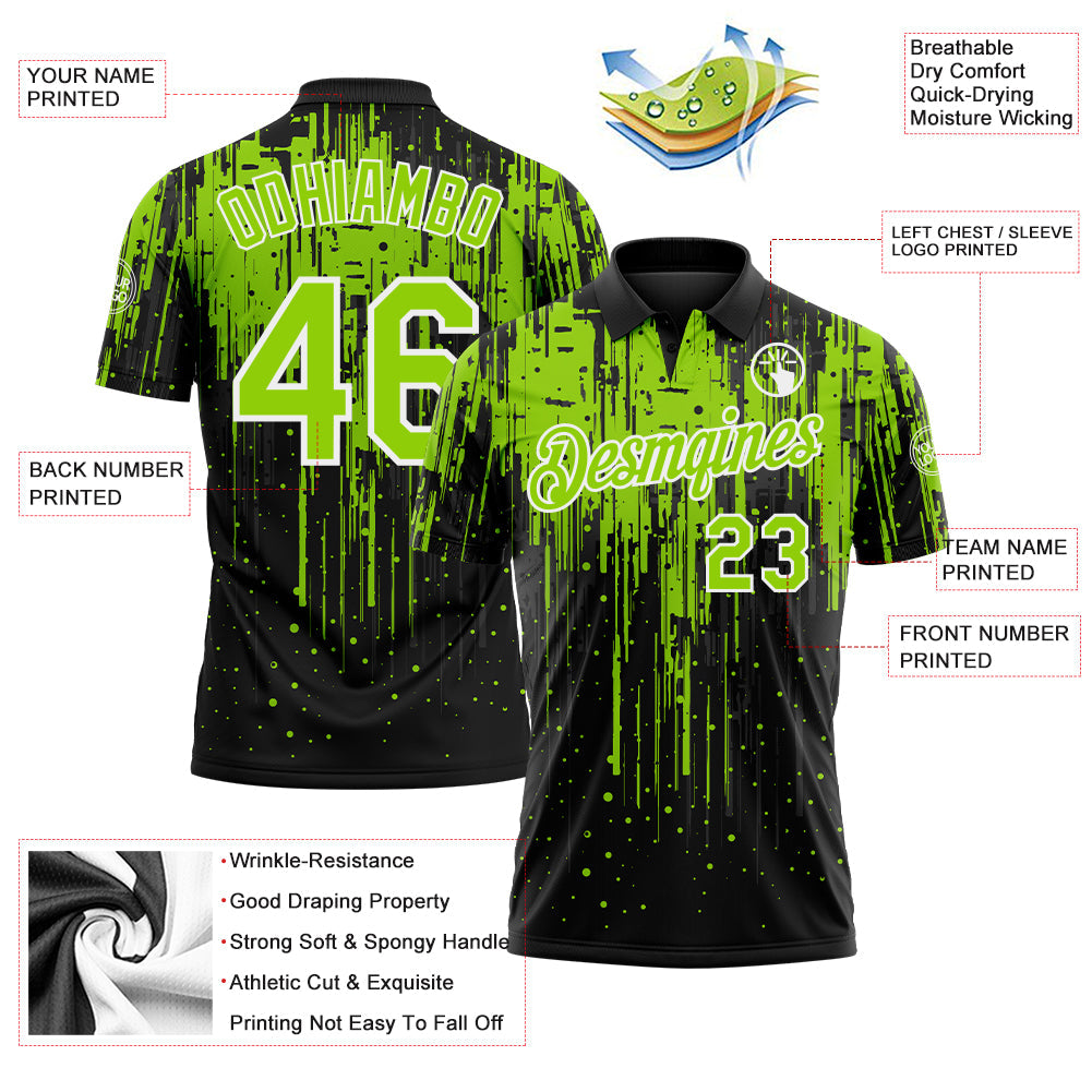 Custom Black Neon Green-White Dripping Splatter Paint Performance Polo Shirt view 3