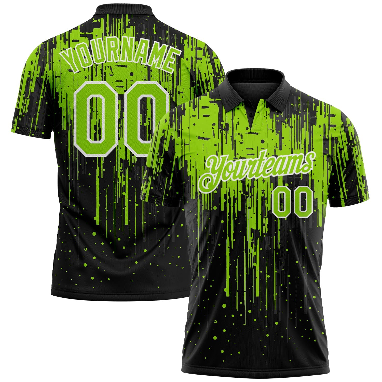 Custom Black Neon Green-White Dripping Splatter Paint Performance Polo Shirt - Main View