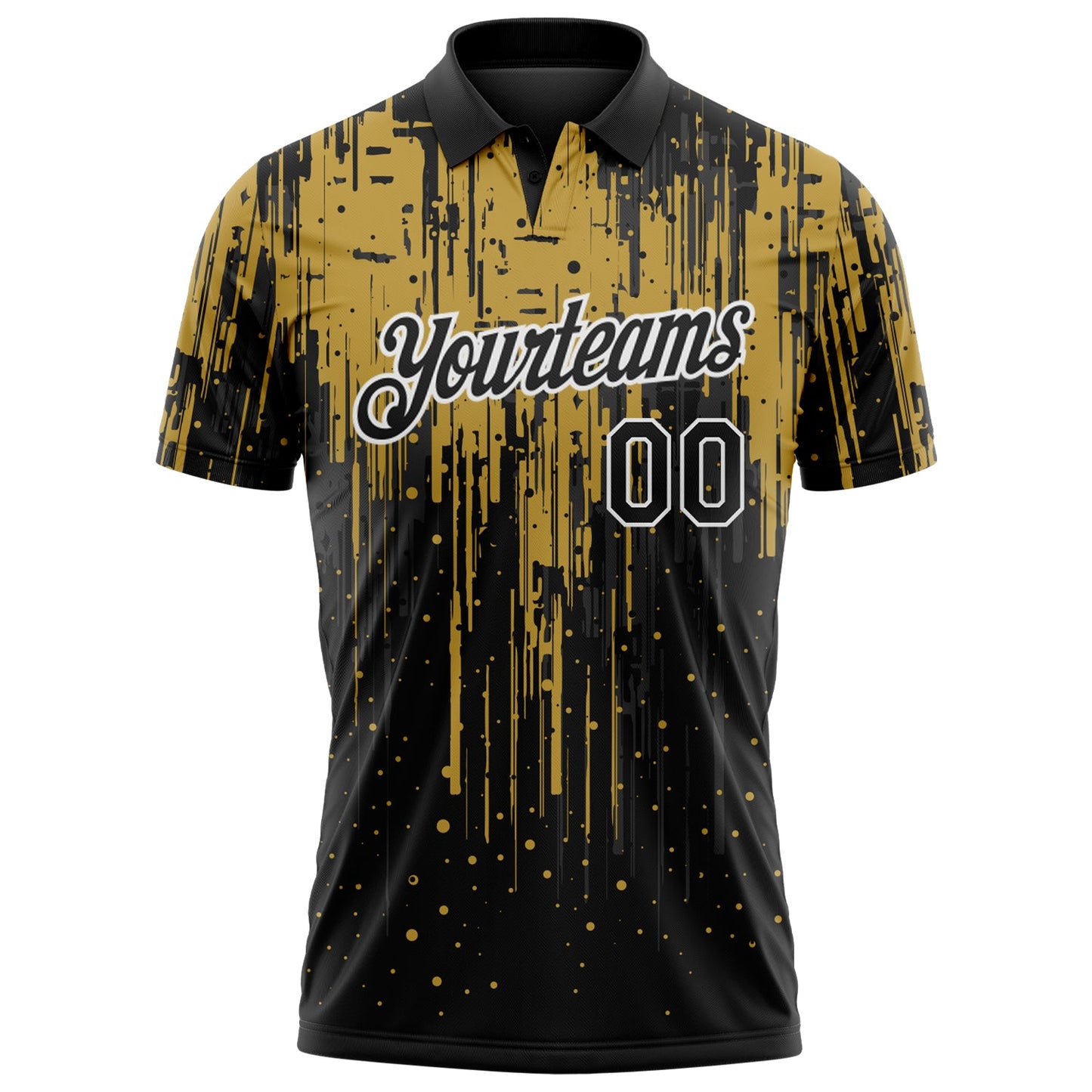 Custom Black Old Gold-White Dripping Splatter Paint Performance Polo Shirt view 2