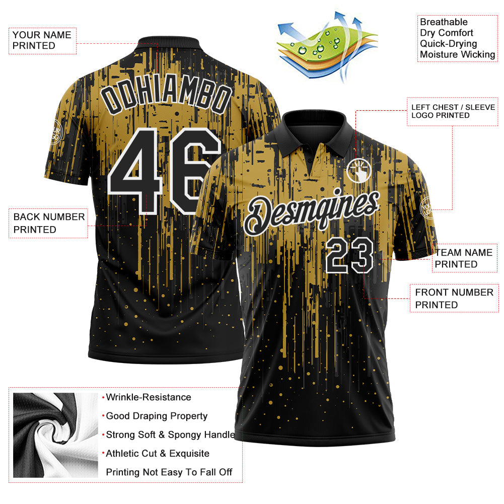 Custom Black Old Gold-White Dripping Splatter Paint Performance Polo Shirt view 3