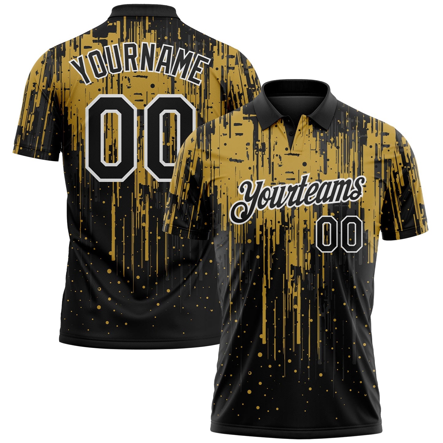 Custom Black Old Gold-White Dripping Splatter Paint Performance Polo Shirt - Main View