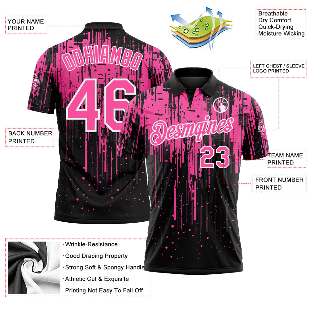 Custom Black Pink-White Dripping Splatter Paint Performance Polo Shirt view 3